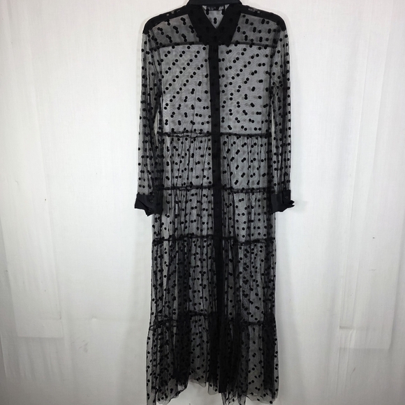 ZARA Black Sheer Polka Dot Tiered Midi Dress - Size S - Picture 6 of 10